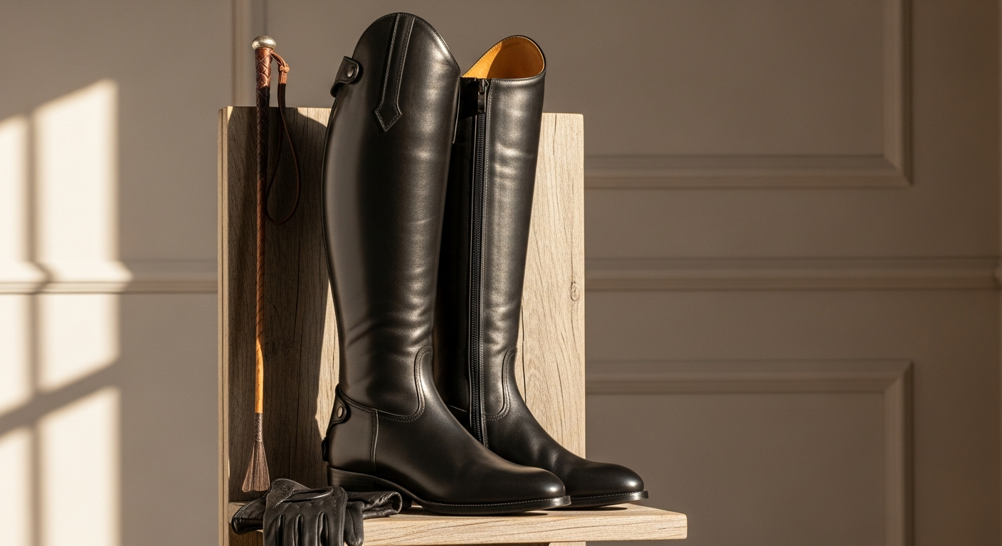 GS Equestrian Original Tall Riding Boots in black leather displayed on a rider's leg