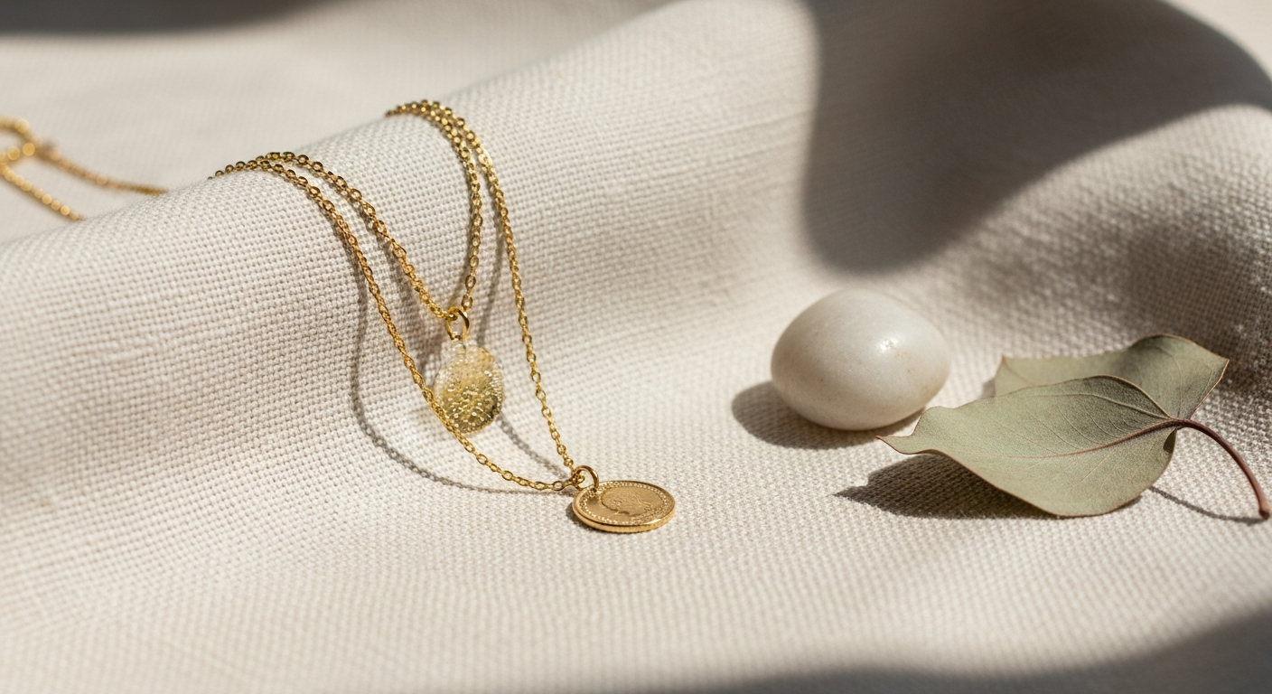 Jane Win Hope Original Coin Pendant Necklace displayed on layered gold and silver chains