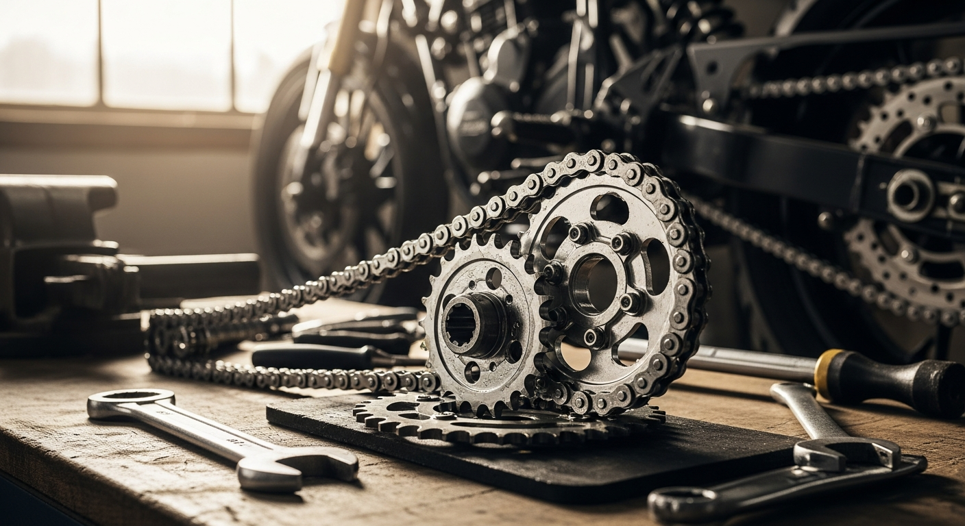 Complete motorcycle chain kit with sprockets and O-ring seals displayed