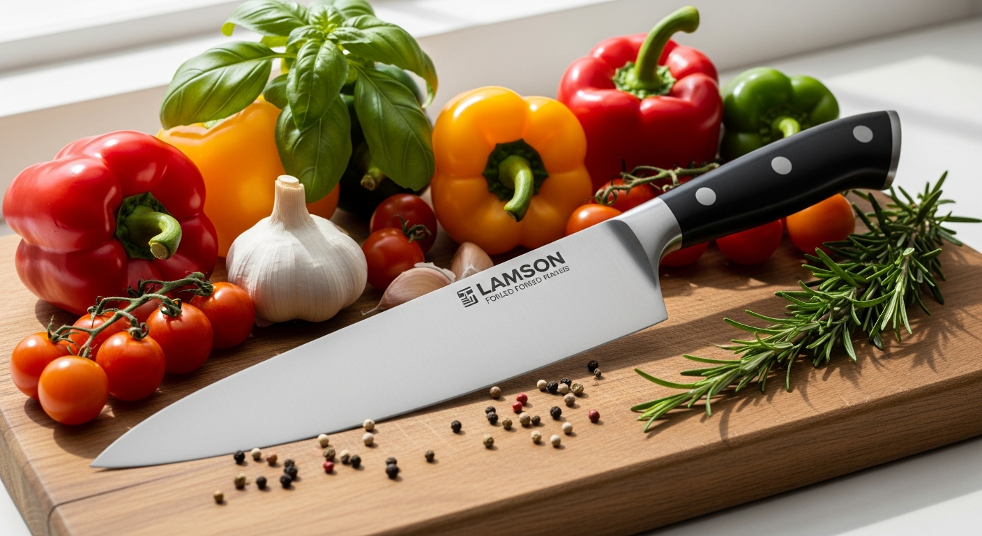 Professional chef using Lamson 8-inch forged chef's knife for precise vegetable cutting