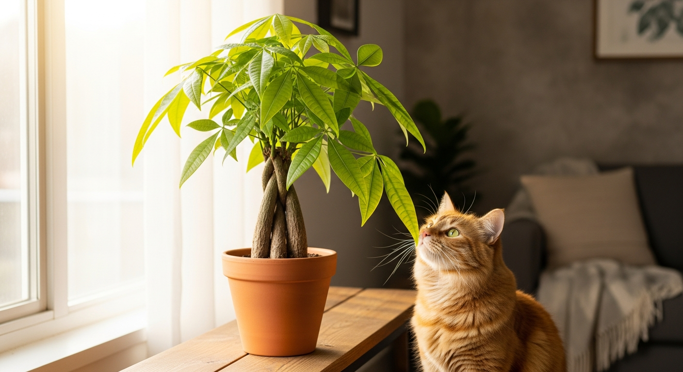 Lush green Money Tree plant with braided trunk in ceramic pot indoors
