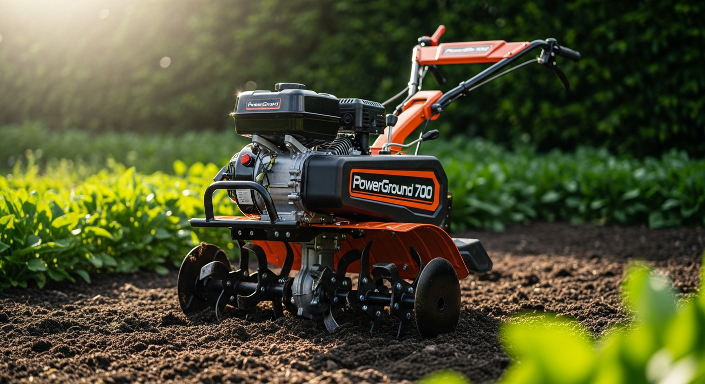 PowerGround 700 SC90III gasoline tiller with agricultural kit attachment in field