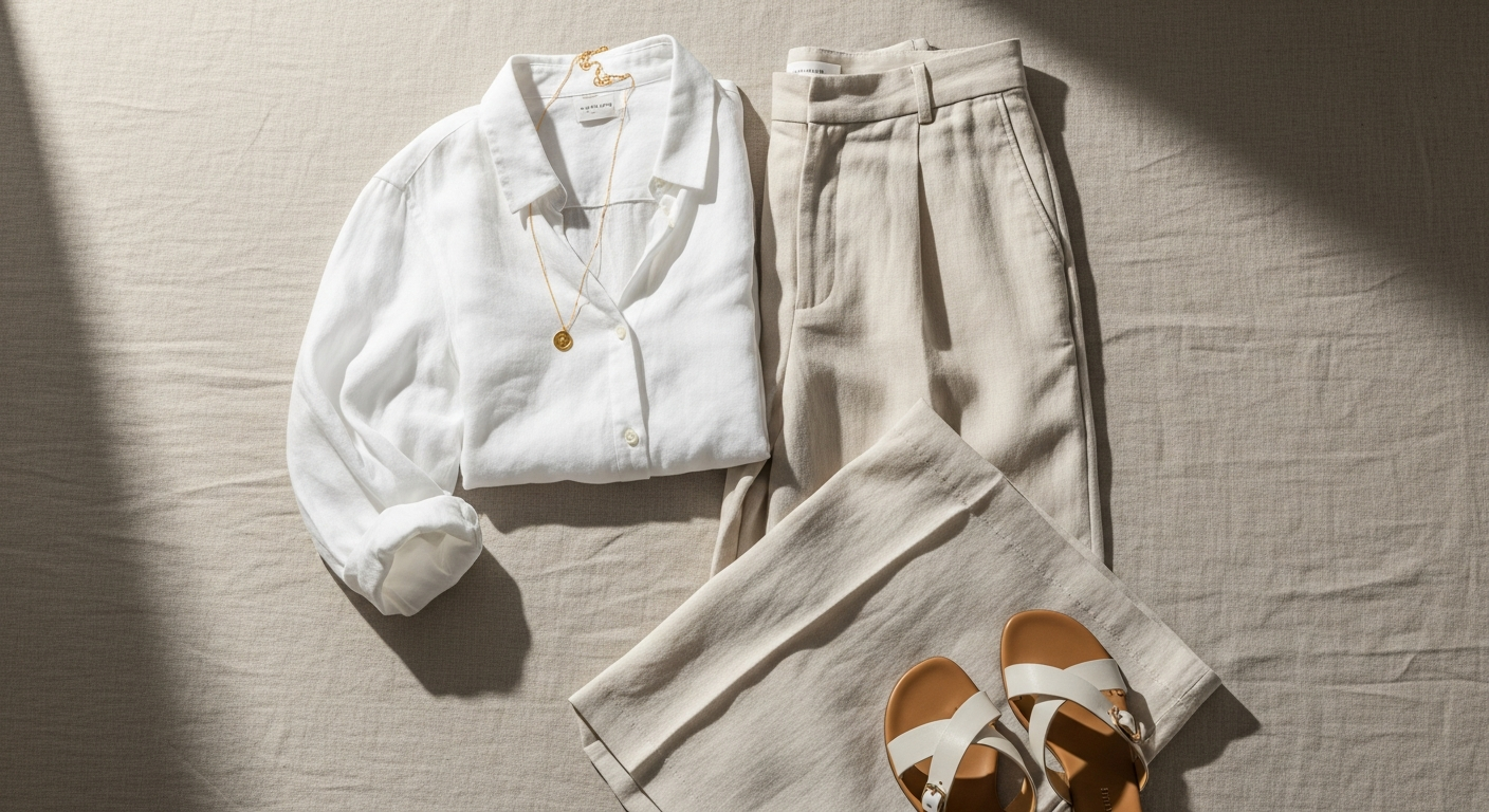 Massimo Dutti linen wide-leg trousers in neutral beige displayed on a dress form