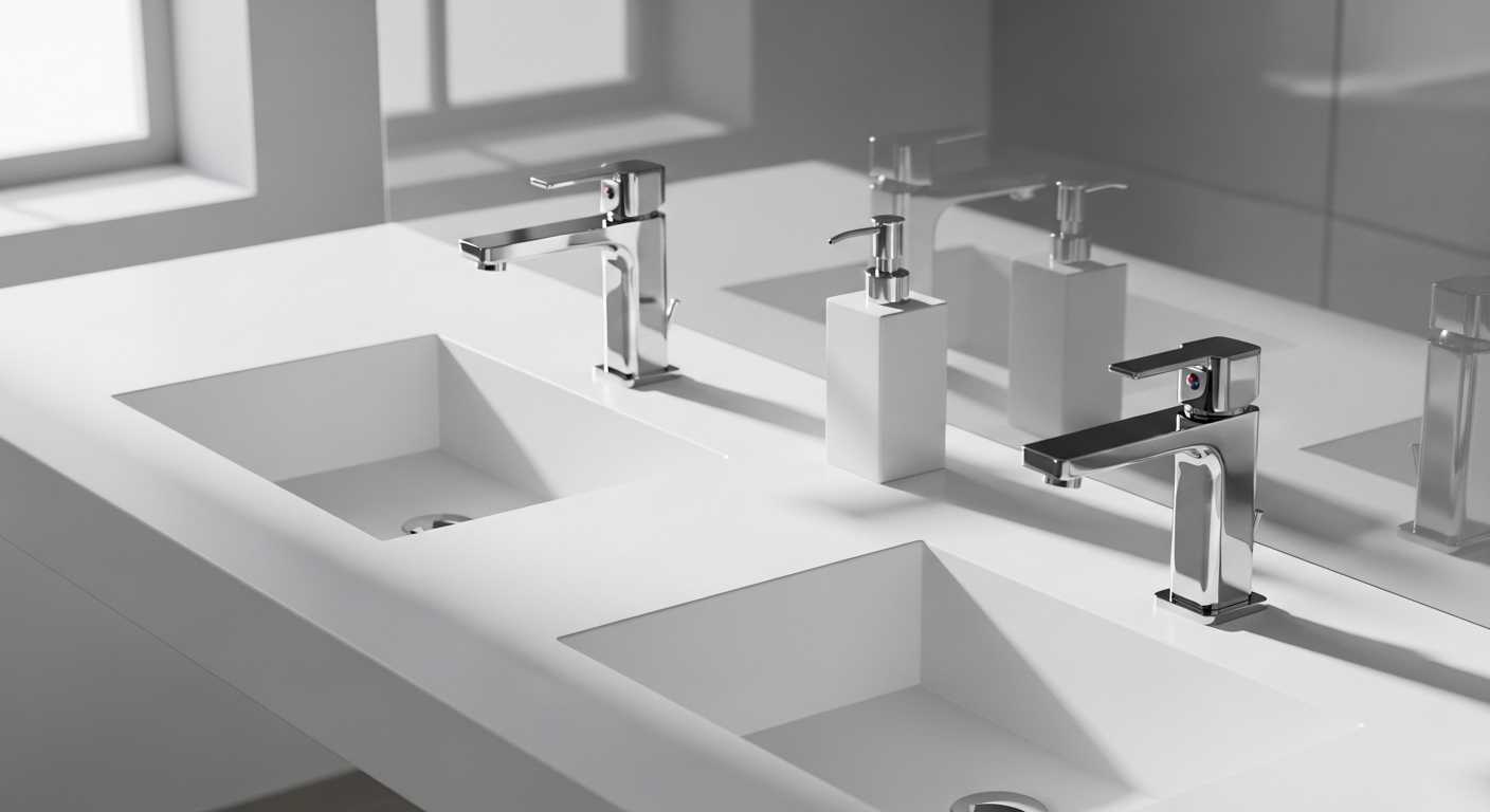 Modern bathroom with ceramic fixtures, vanity unit, and shower enclosure from MEGABAD