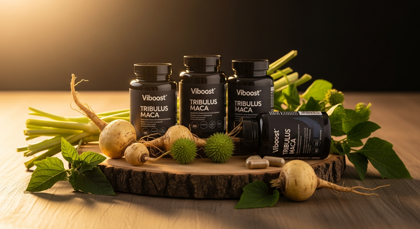 Naturadika Viboost Tribulus Maca supplement bottle with natural ingredients displayed