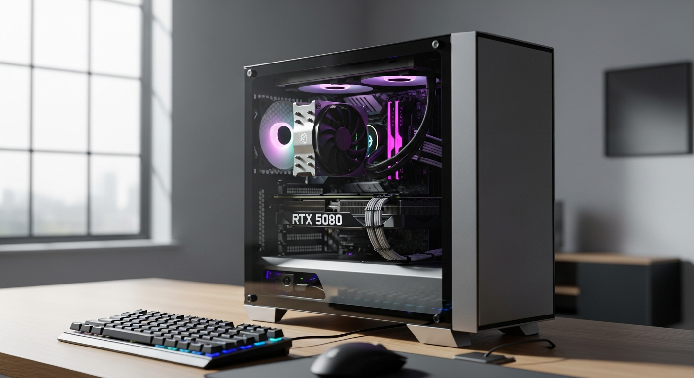 High-performance gaming PC with RTX 5080 graphics card and premium cooling system