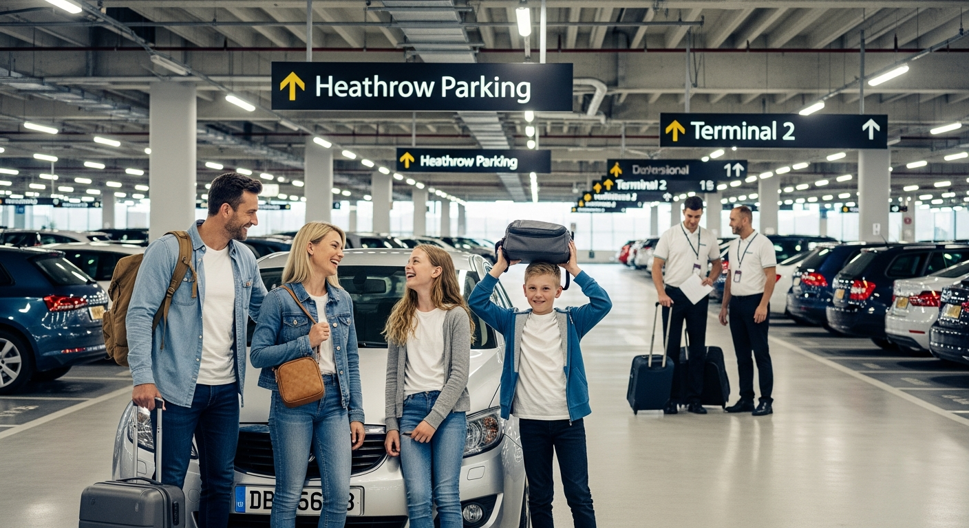 busy family with luggage at Heathrow airport terminal entrance