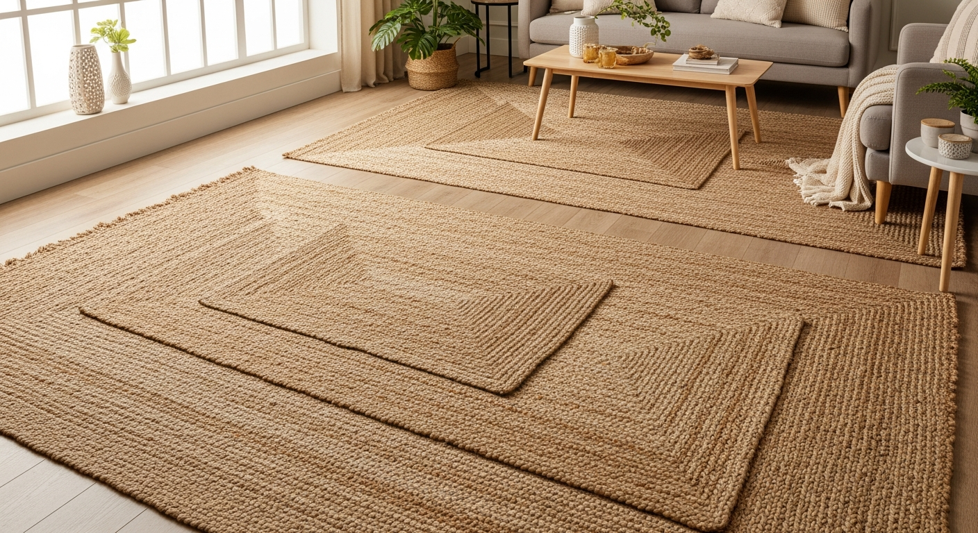 Handwoven jute-blend rug layered with patterned accent rug in modern living room