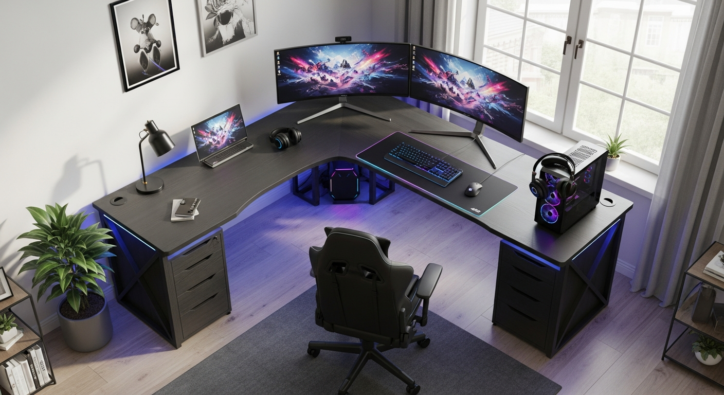 Sikaic L-shaped reversible LED gaming desk with integrated lighting in modern workspace