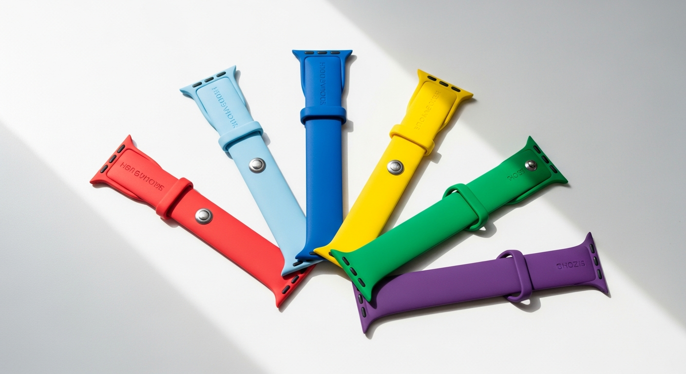 Soft silicone Apple Watch bands in multiple colors displayed on wrist