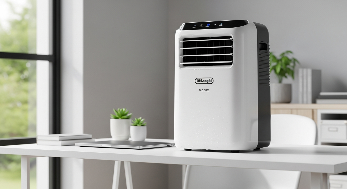 De'Longhi PAC EM82 portable air conditioner unit with window installation kit and exhaust hose