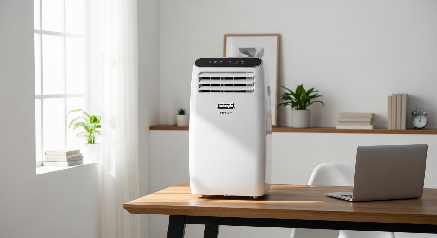 De Longhi PACEM82 portable air conditioner unit displayed in modern living room setting