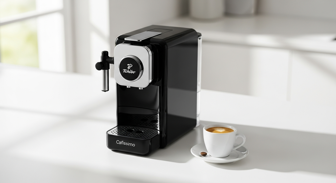 Tchibo Cafissimo Pure Plus compact capsule coffee machine on kitchen counter