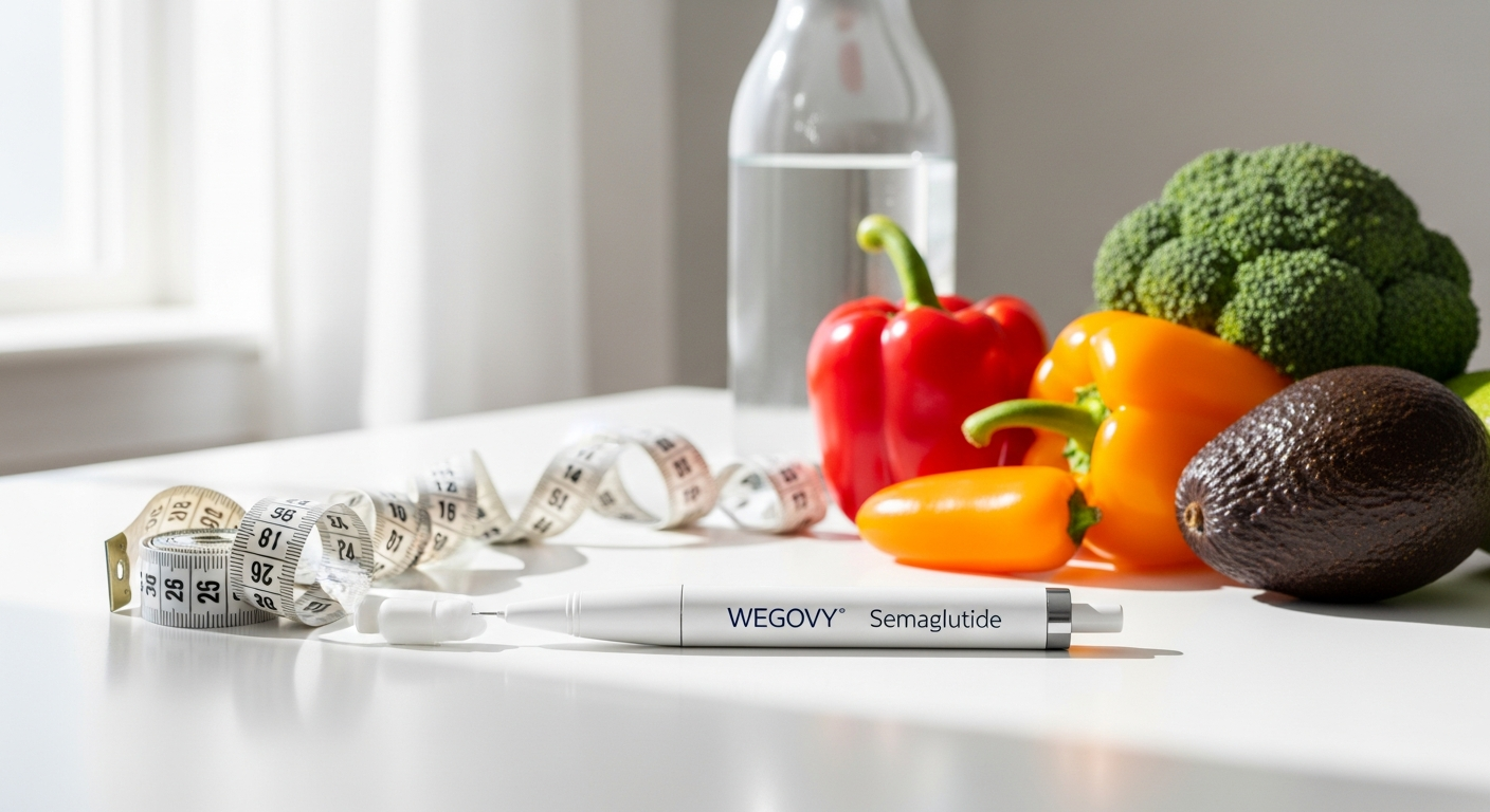 Semaglutide injection pen and medical supplies for Wegovy weight loss treatment