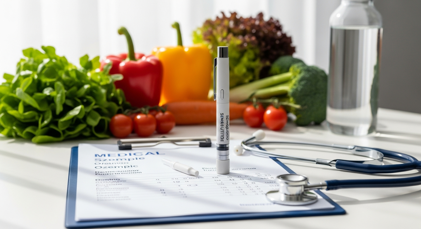 Semaglutide injection pen with dosing schedule and weight loss results chart displayed