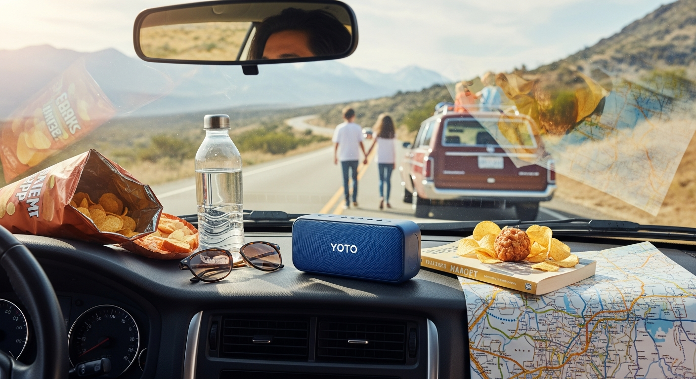 Yoto Mini screen-free audio player displayed in car cup holder during family road trip