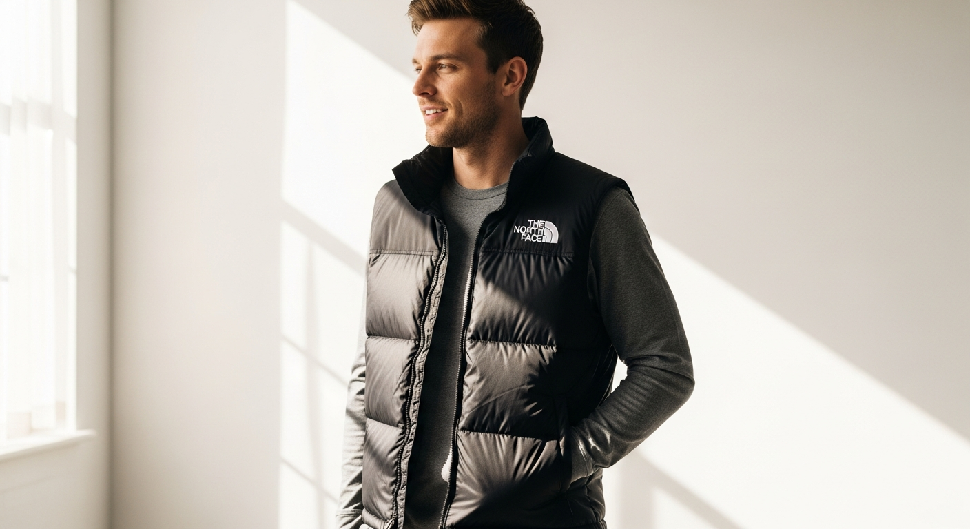 The North Face 1996 Retro Nuptse Vest in black displayed on neutral background