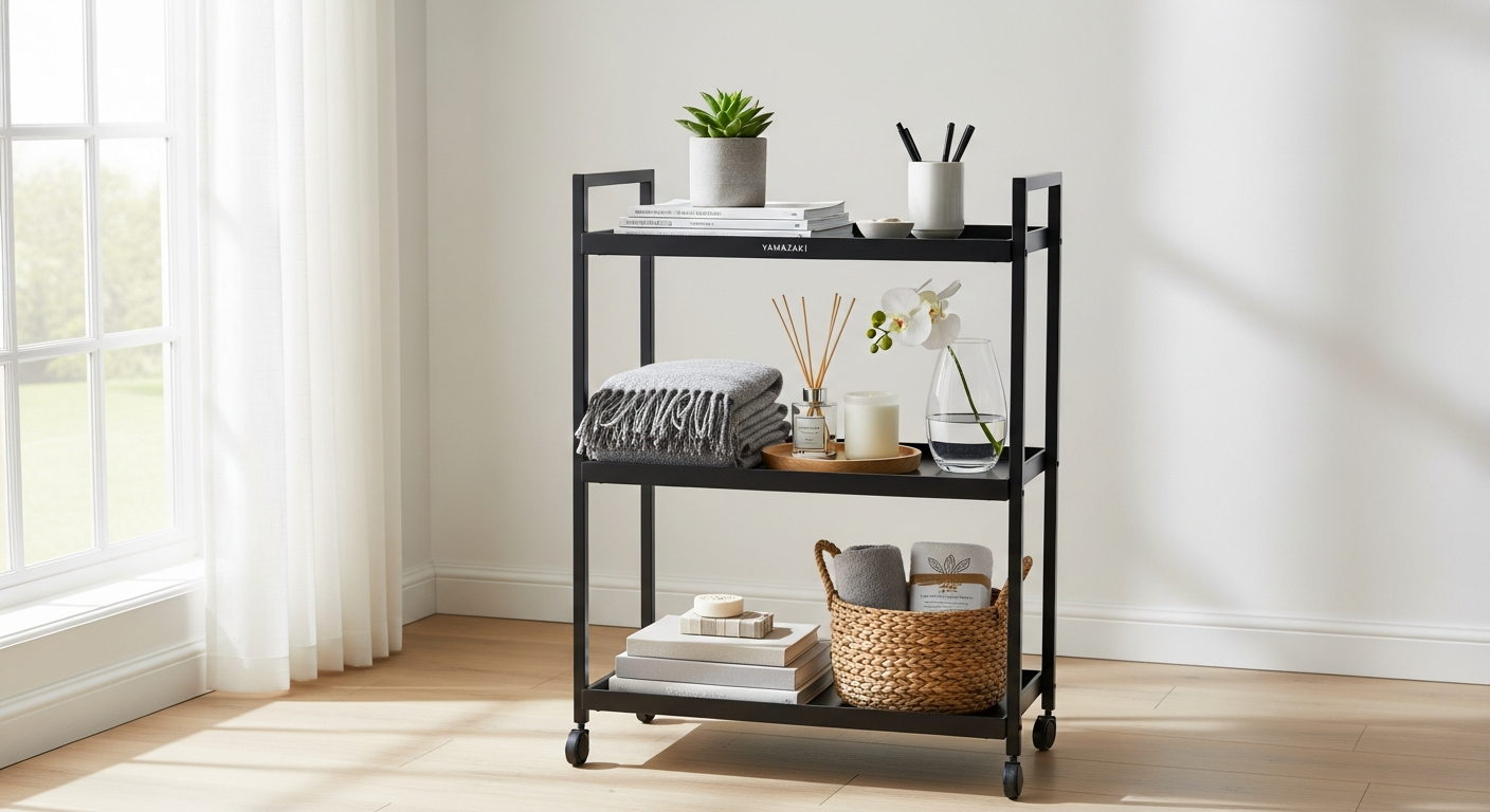 Yamazaki Home Tower Rolling Storage Cart with multiple tiers and wheels