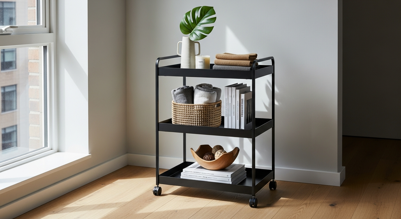 Yamazaki TOWER Rolling Slim Storage Cart in modern apartment kitchen storage