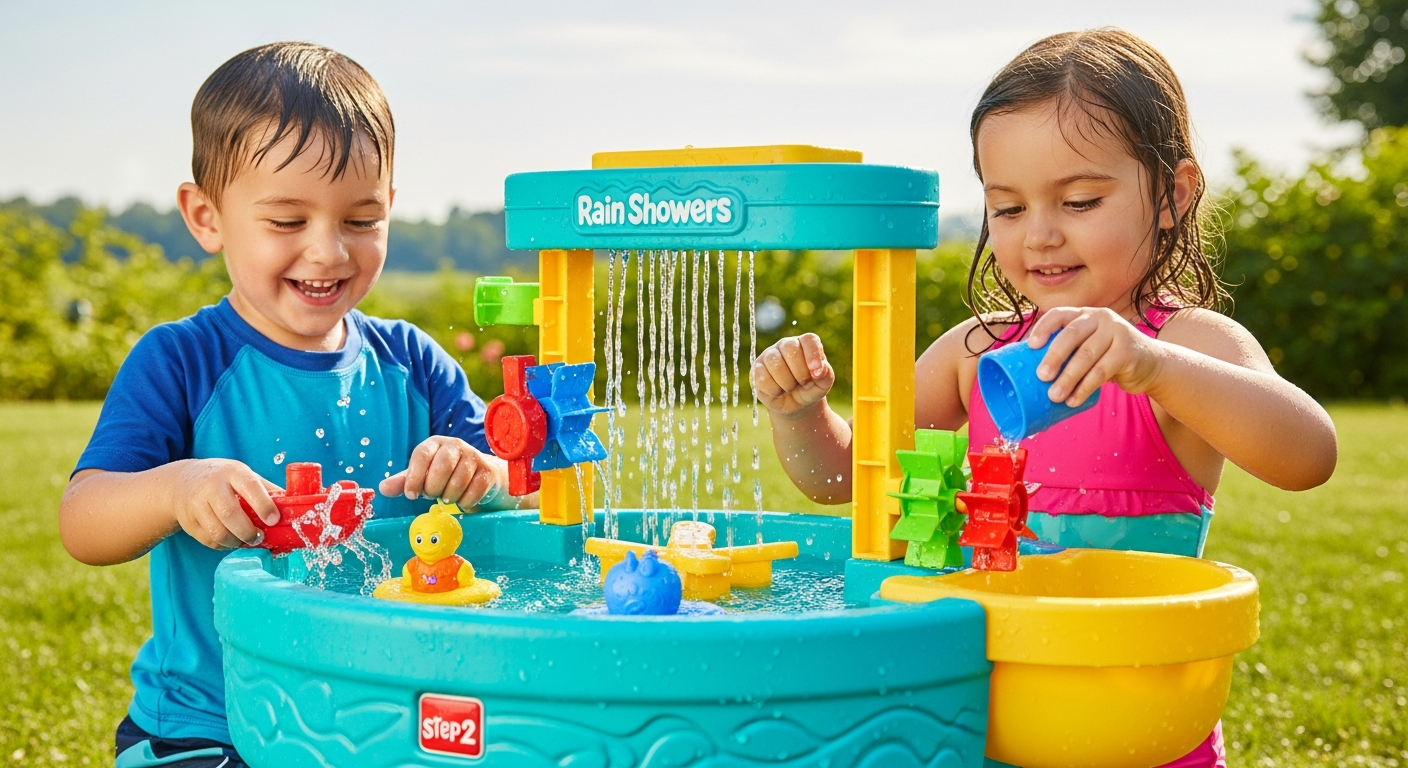 Step2 Rain Showers Water Table with cascading water feature and multi-level play zones for toddlers