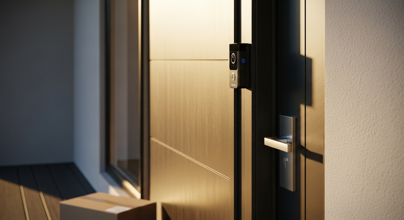 Vivint Doorbell Camera Pro mounted on home entrance with package visible