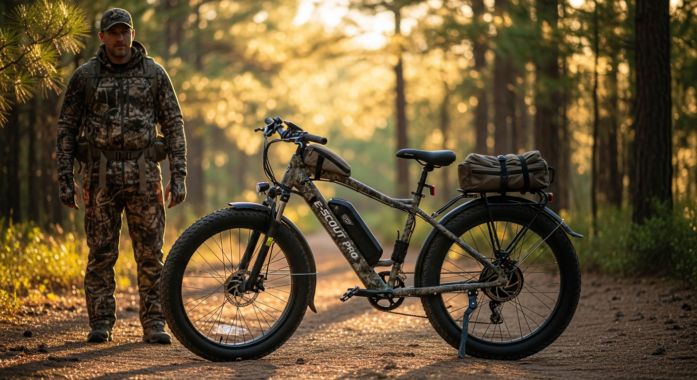 Young Electric E-Scout Pro 750W hunting e-bike on rugged backcountry mountain trail
