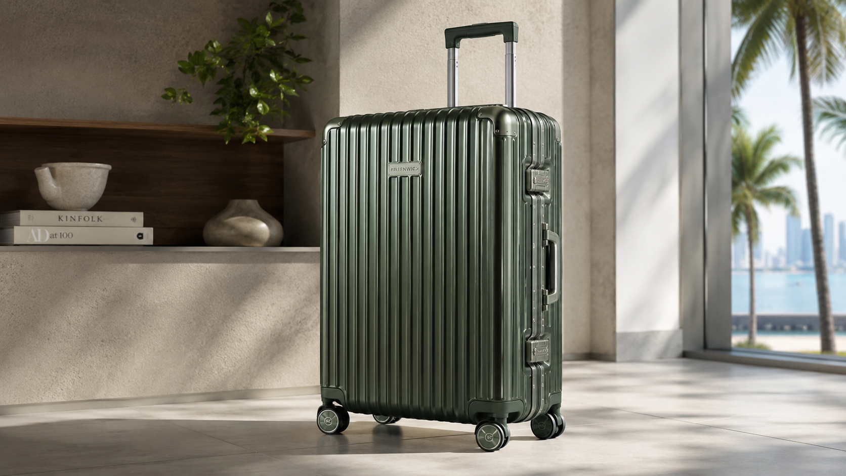 Greenwich Miami M 60L aluminum suitcase in green with spinner wheels and telescopic handle, displayed in a modern luxury interior with natural lighting for travel luggage review.