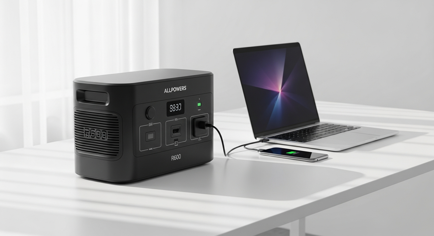 ALLPOWERS R600 portable power station with LiFePO4 battery displayed outdoors