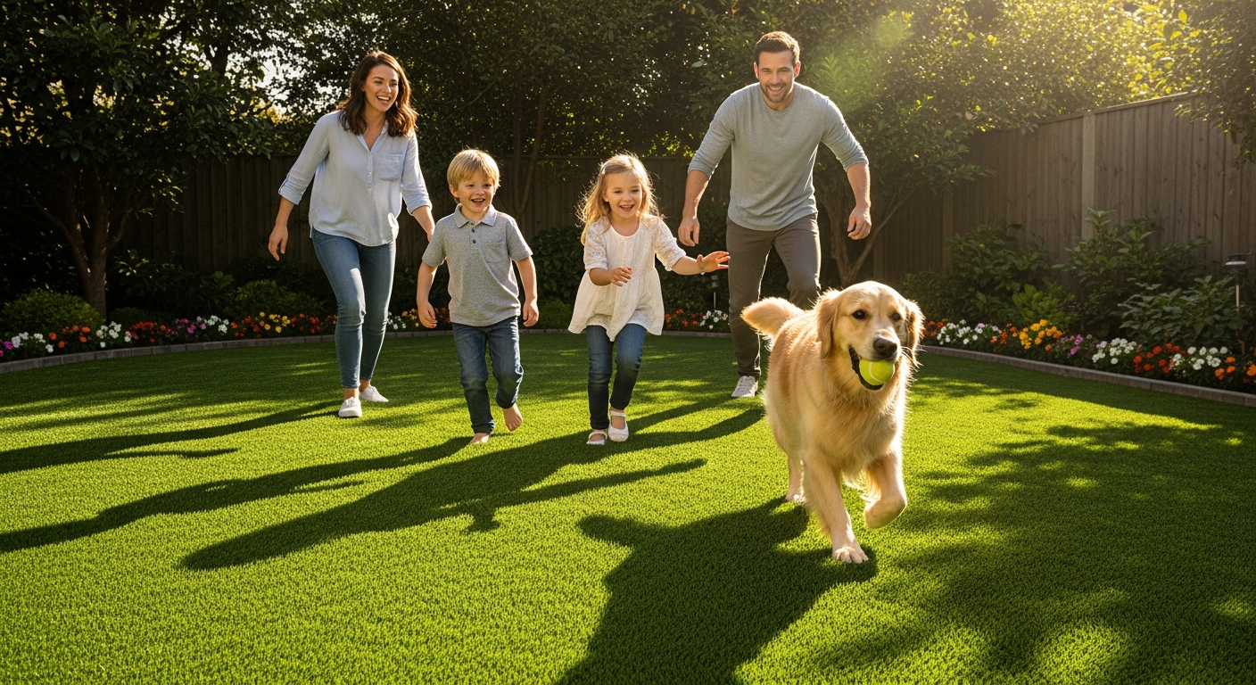 Essex 38mm artificial grass in a family garden with children and pets playing