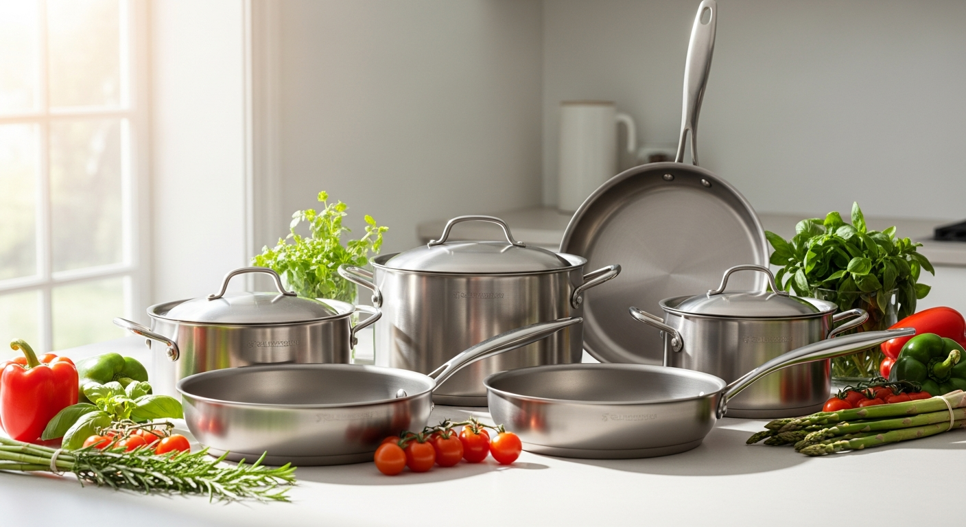 Modern titanium cookware set displayed on a contemporary kitchen stovetop