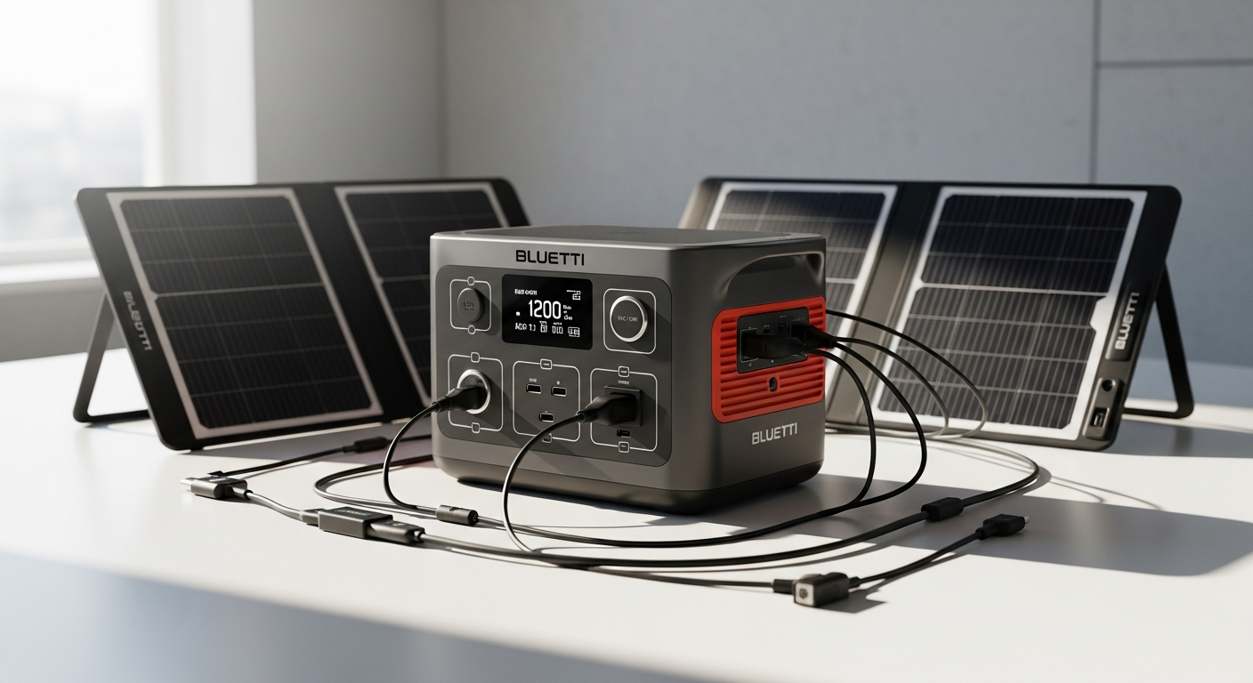 BLUETTI AC200MAX expandable power station with battery modules and charging cables