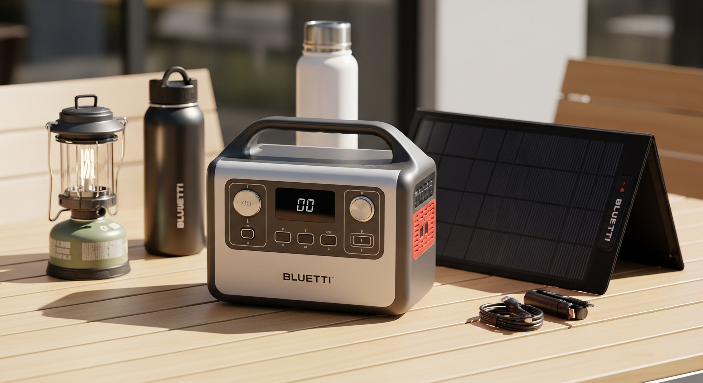 BLUETTI Elite 200 V2 portable power station with solar panels in outdoor off-grid setting