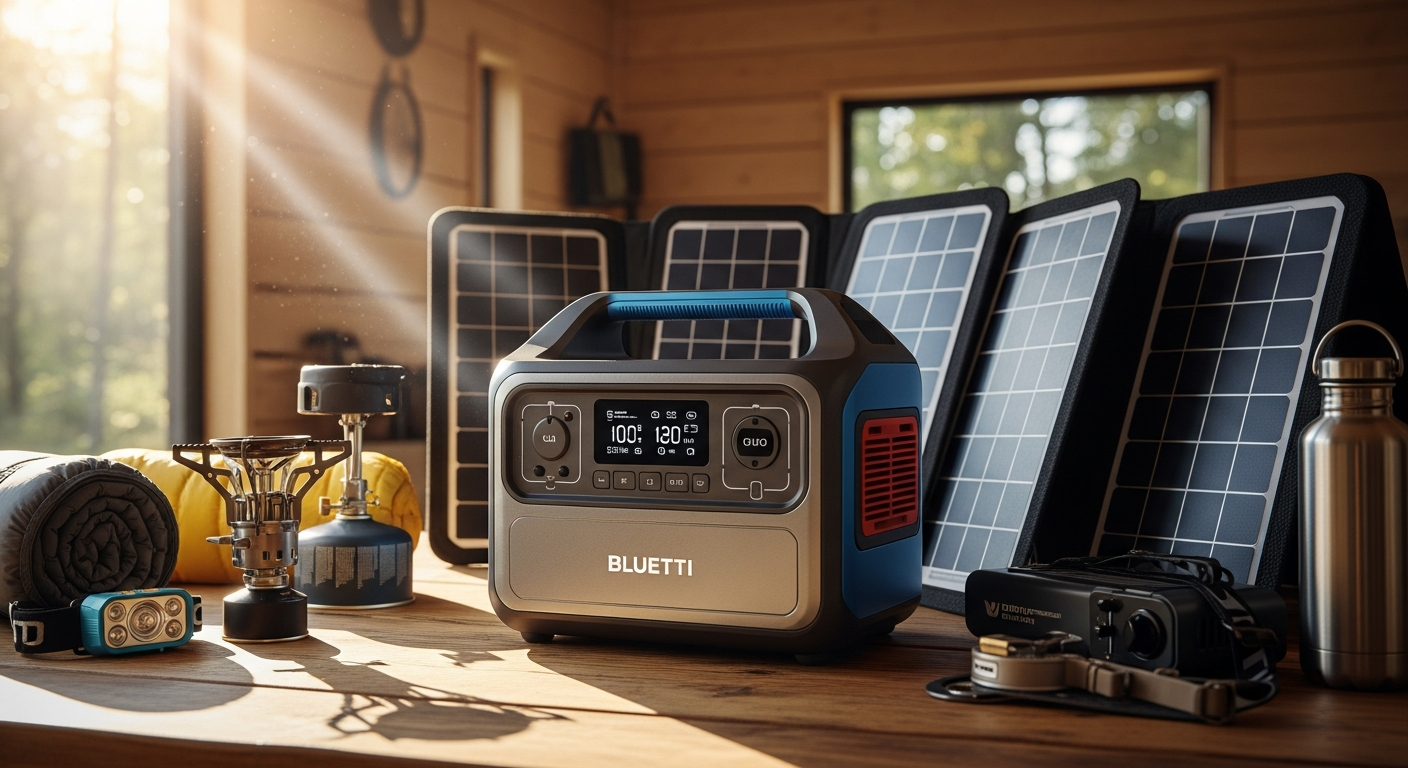 BLUETTI Elite 200 V2 portable power station with solar panels in off-grid homestead setting
