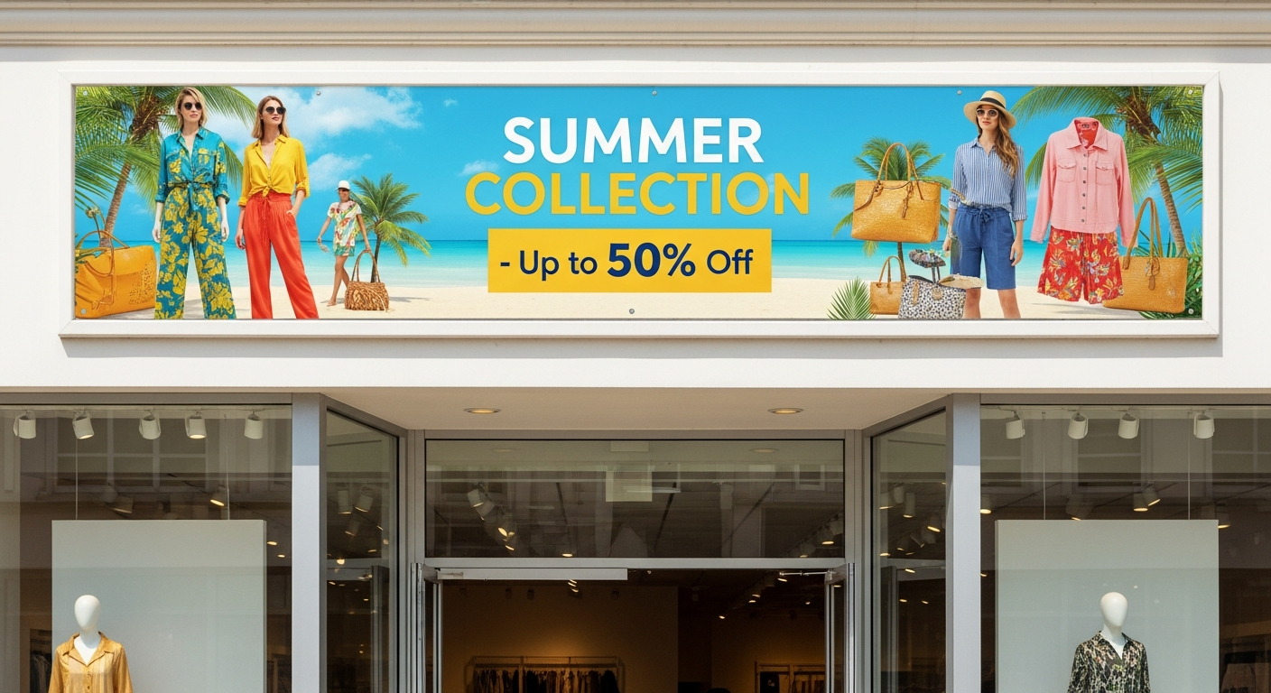 Custom vinyl banner displayed on retail storefront attracting customer foot traffic