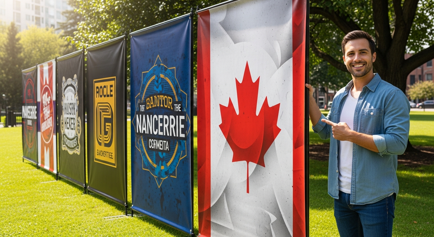 Professional custom vinyl banner hanging on storefront displaying promotional messaging