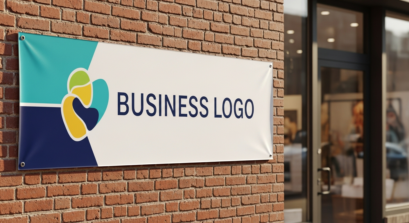 Custom vinyl banner displayed on storefront with vibrant colors and professional branding design