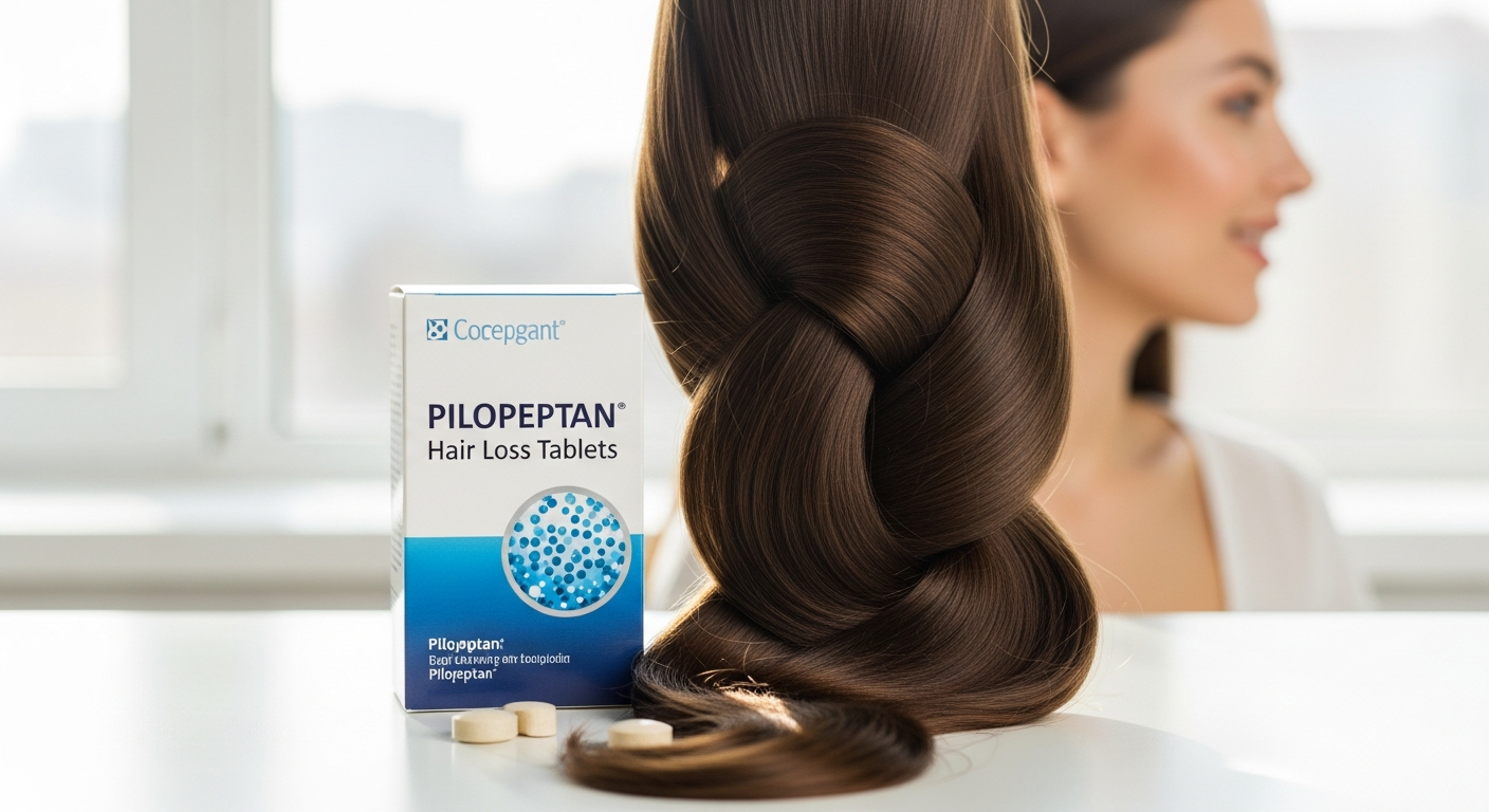 Pilopeptan Woman Hair Loss Tablets bottle with supplement facts and healthy hair strands