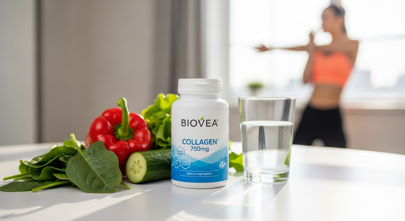 BIOVEA Collagen 750mg Capsules bottle with 240-capsule bonus pack displayed on white background