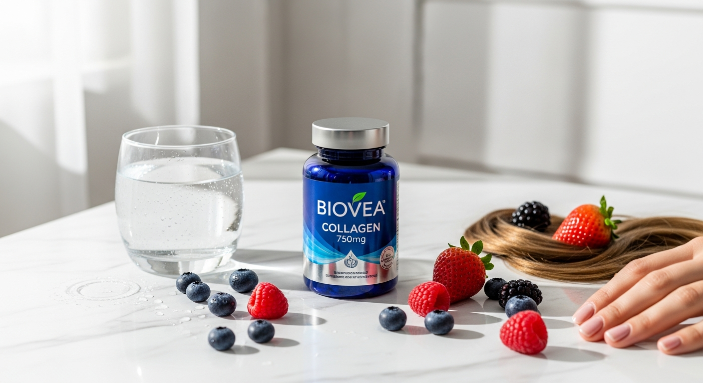 Biovea Collagen 750mg capsules bottle with hydrolyzed collagen supplement displayed