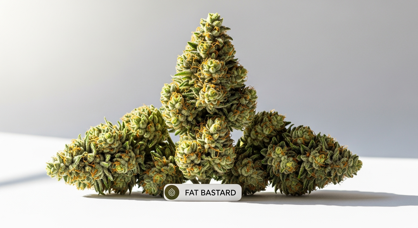 Fat Bastard cannabis strain buds with dense trichomes and crystal coating