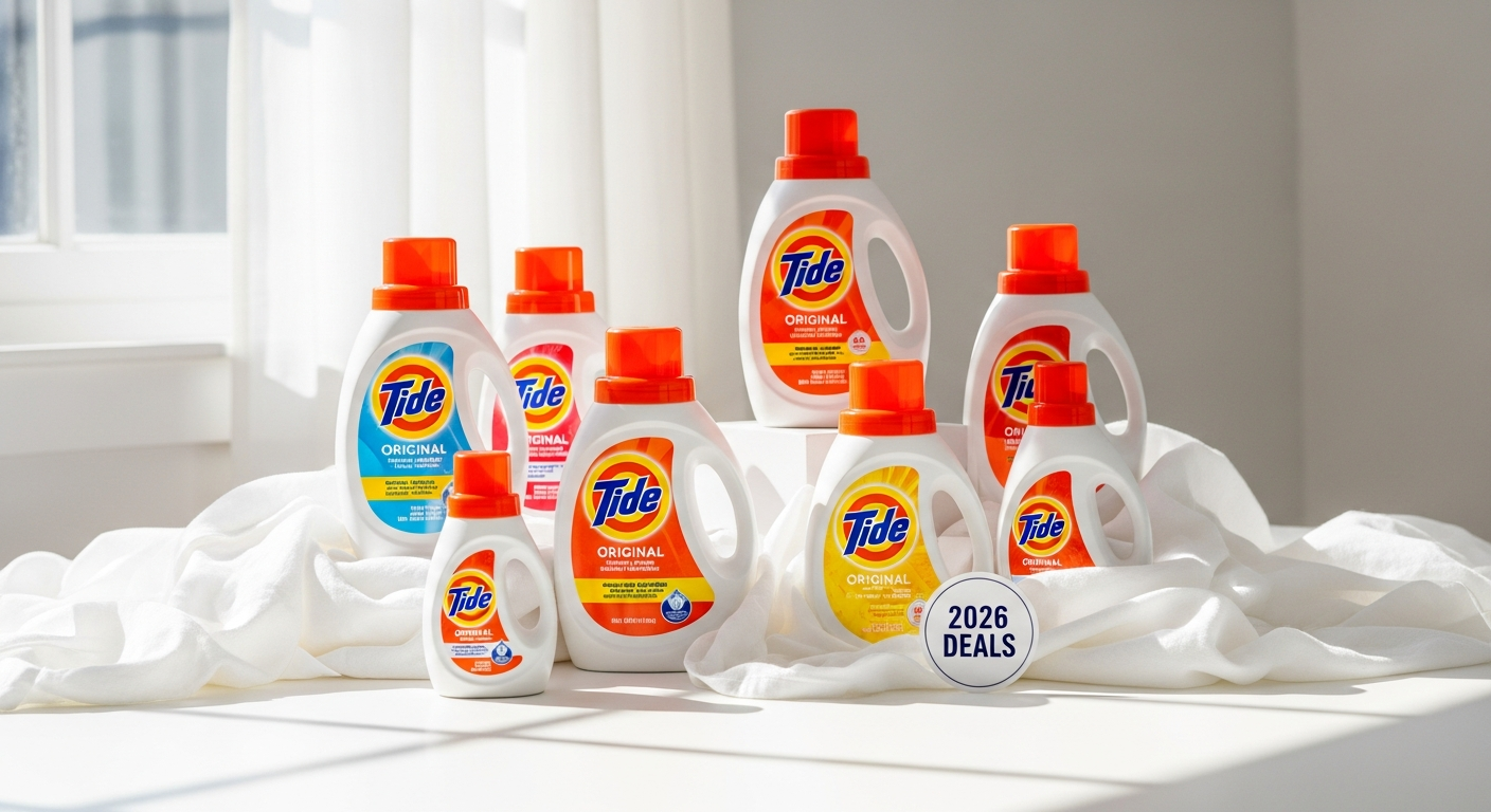Tide Original Liquid Detergent bottle with laundry items and savings coupons displayed