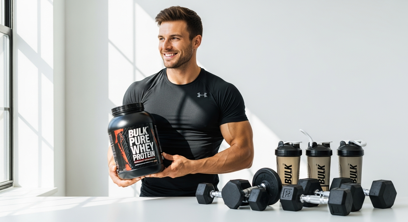 Bulk Pure Whey Protein Powder container with multiple flavor options displayed