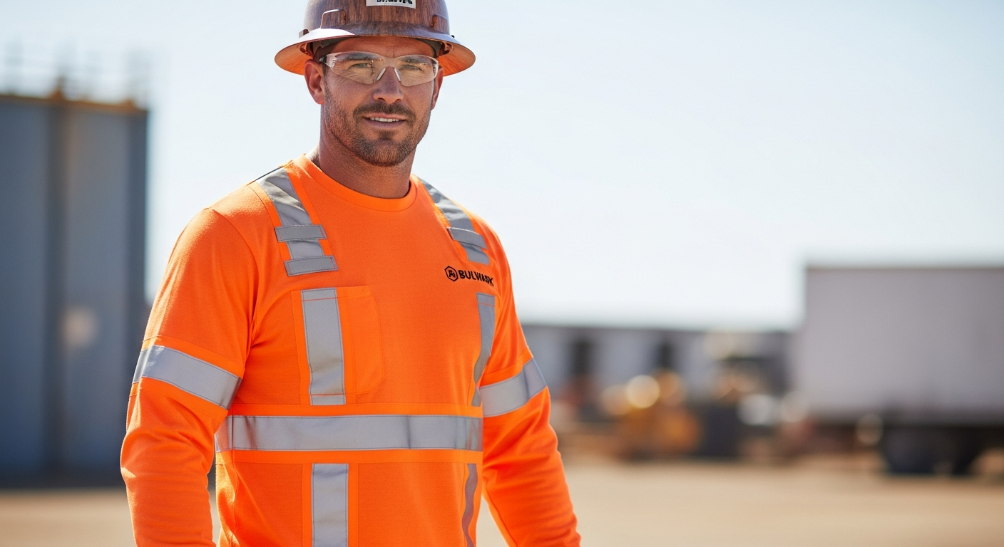 Bulwark FR Enhanced Visibility Shirt with reflective striping on industrial worker