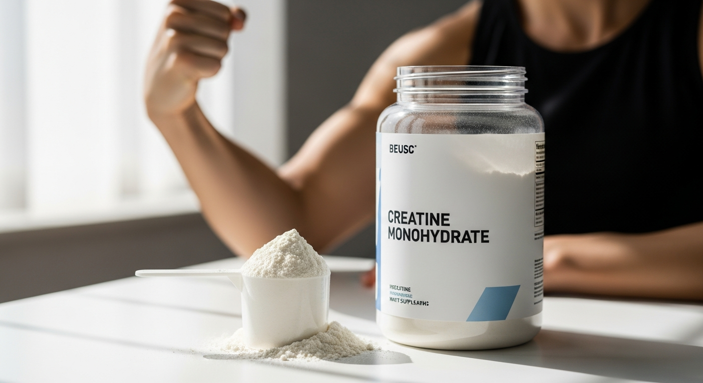 Bulk Creatine Monohydrate Powder container displayed with measuring scoop and water