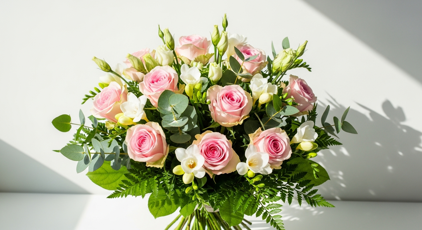 Pink roses and white freesias bouquet with alstroemeria and green foliage arrangement