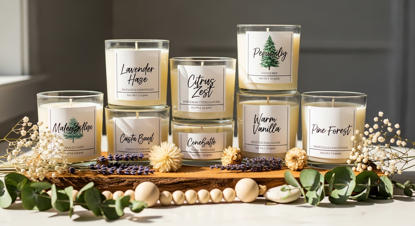 Custom personalized scented candles with bespoke labels and location-inspired fragrances