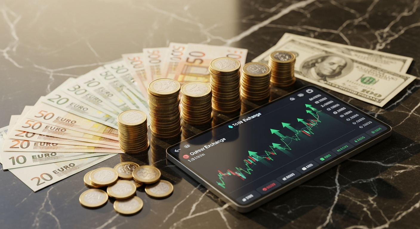 Modern currency exchange bureau with precious metals display and digital rate screens