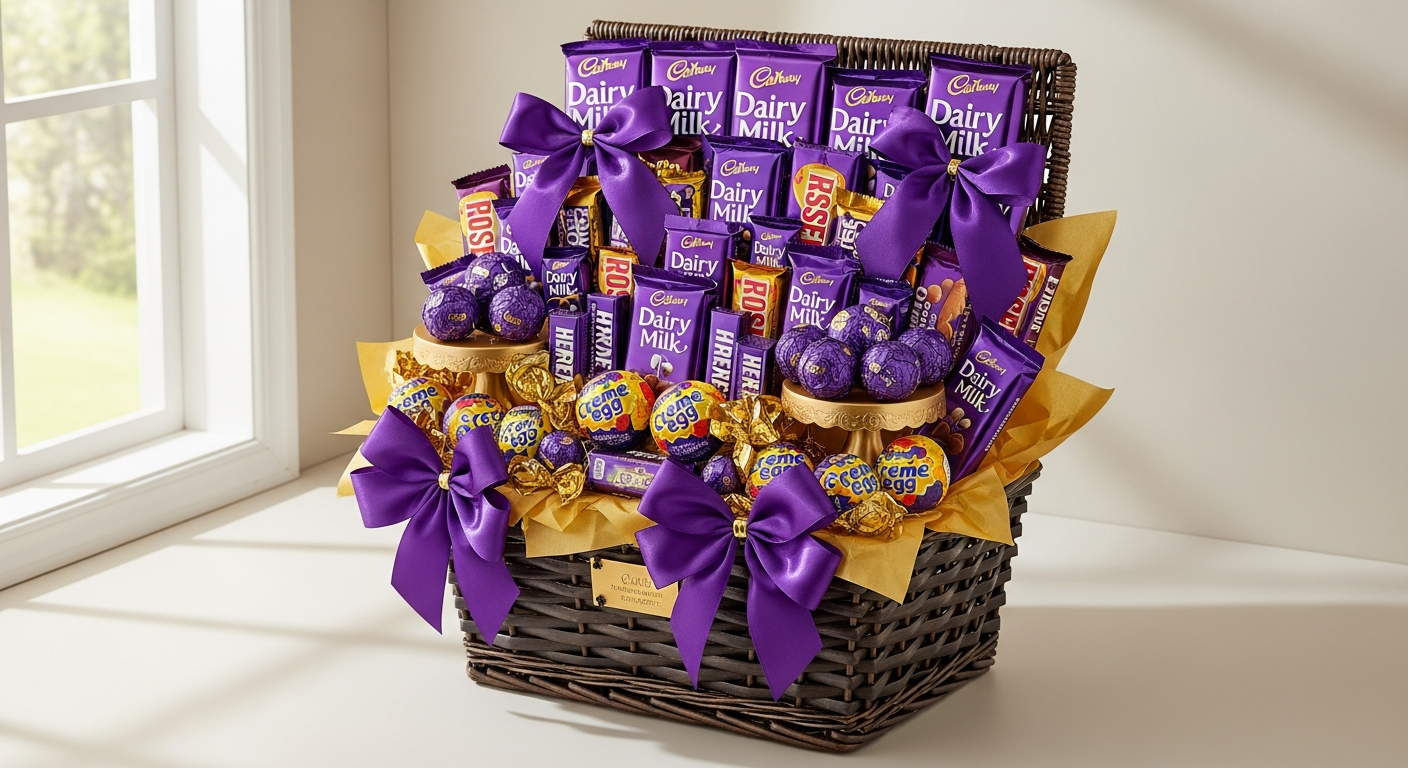 Cadbury Classic Chocolate Gift Basket with purple wrappers and iconic treats displayed