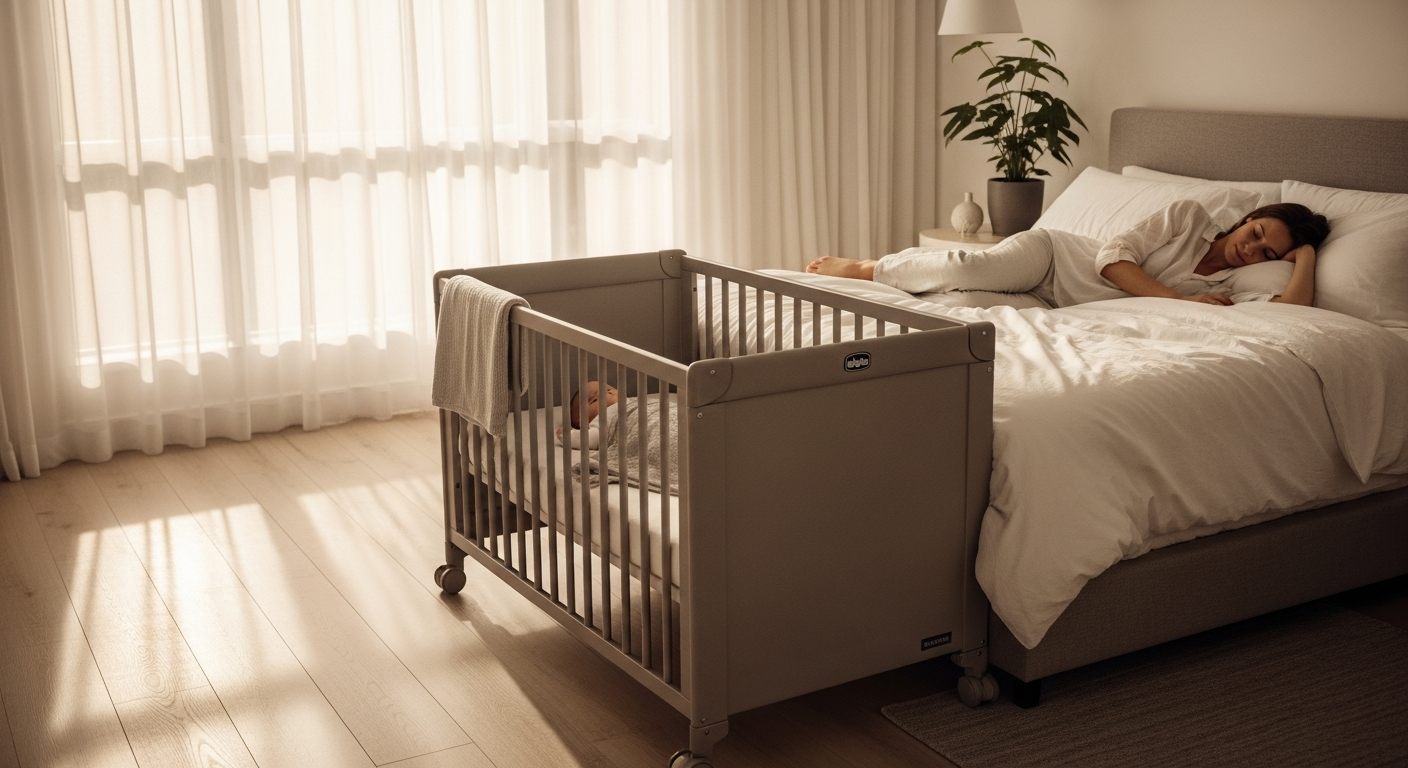 Chicco Next2Me Co-Sleeping Crib positioned beside parent bed for safe nighttime infant care
