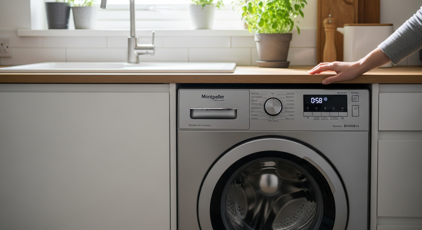 Montpellier MBIWM814 8kg integrated washing machine built into modern kitchen cabinet